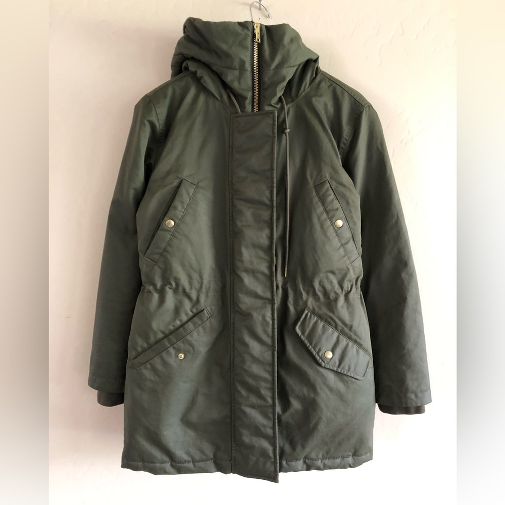 J.Crew Perfect Winter Parka Jacket With Primaloft Green S Warm Coat No Hood